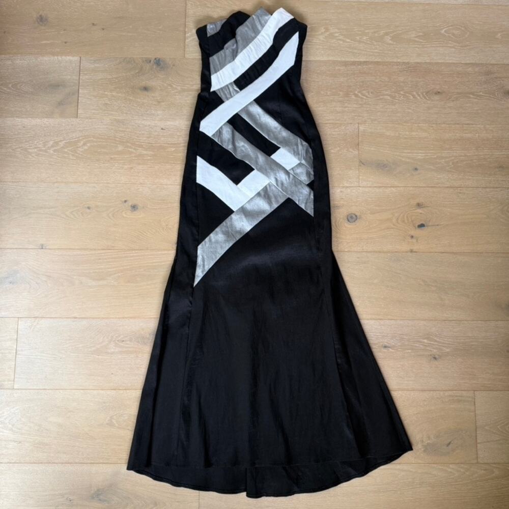 Jessica McClintock Black Silver Metallic Stripe Strapless Mermaid Gown Sz 4